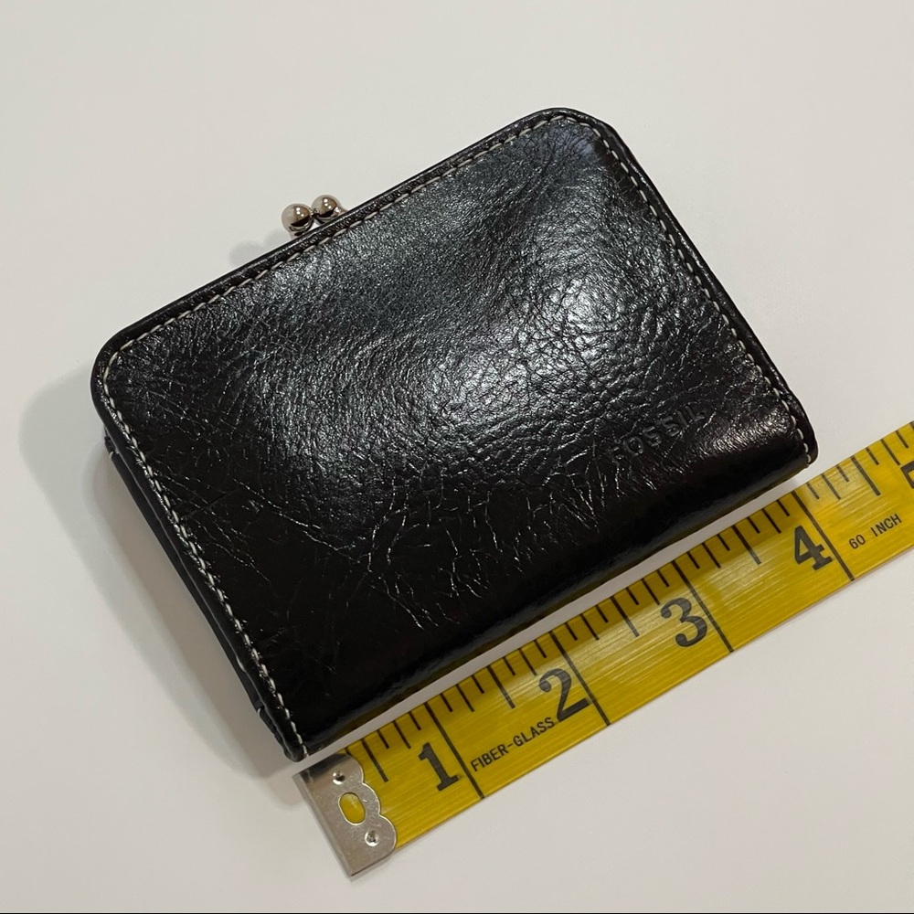 New/Unused Fossil Y2K-Vintage Black Leather Mini Wallet with Ball Clasp Closure